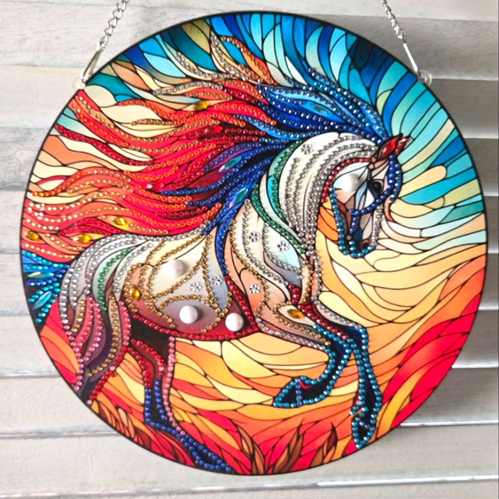 New Finished Diamond Dot Art Colorful Horse Window Hanging Suncatcher Circle